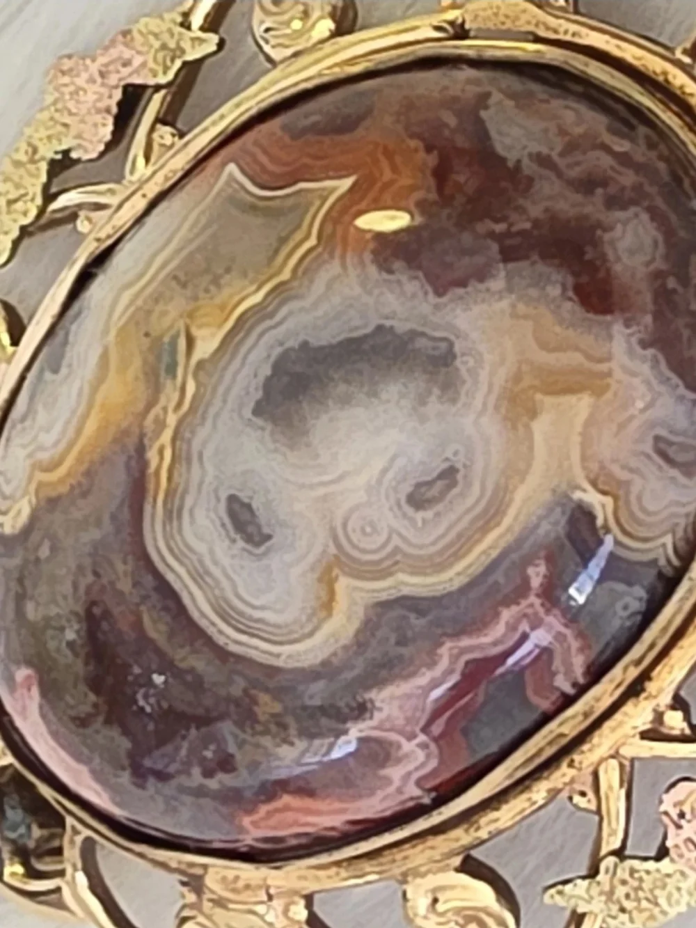 Vintage Signed White Co Gold Filled Crazy Lace Agate Oval Floral Brooch
